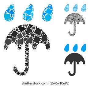 Rain protection umbrella mosaic of abrupt parts in variable sizes and color tints, based on rain protection umbrella icon. Vector abrupt items are united into composition.