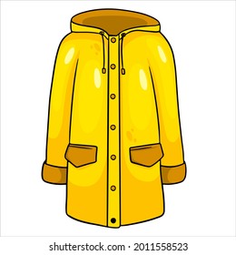 Rain protection. Yellow raincoat with kormans and a hood. Autumn clothes. Cartoon style. Vector illustration for design and decoration.