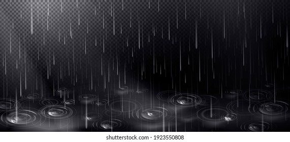 Rain and puddle with circles from falling drops. Rainy weather elements isolated on transparent background. Vector realistic background with autumn shower and ripple water surface