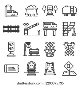 Rain and railways icon set. Intercity, international, freight trains, linear icons