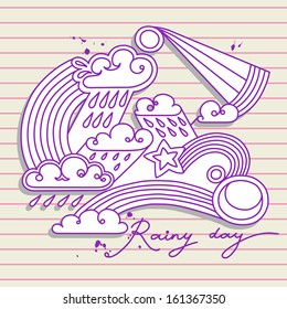 rain and rainbow doodle vector clip art. On the lined paper background