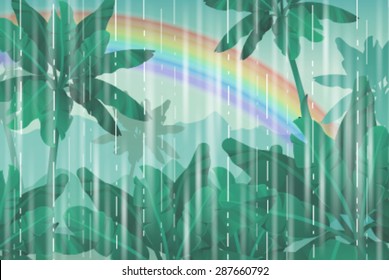 Rain and a rainbow in the jungle. Vector illustration.