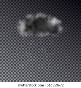 Rain With Realistic Cloud Transparent Effect. Template Isolated On Dark Background. Falling Water Drops Texture. Nature Rainfall On Checkered Background. Weather Raincloud. Eps10. Vector Illustration.