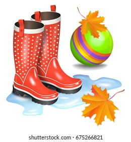 Rain red gumboots with dots in puddle, green children's toy ball and falling orange maple leaves. Childhood, autumn and rain concept. Realistic vector illustration