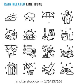 Rain related line icons, Pixel perfect rain related thin line icons, Set of simple rain related sign line icons, Cute cartoon line icons set, Vector illustration 