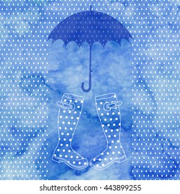 Rain, rubber boots and umbrella. Vector illustration on blue watercolor background.