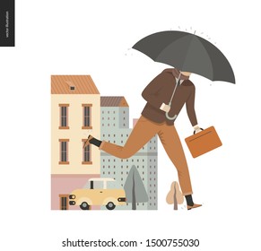 Rain - running businessman -modern flat vector concept illustration of an adult man wearing suit, with an umbrella and suitcase, running under the rain in the street, in front of city houses and cars.