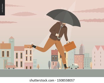 Rain - running businessman -modern flat vector concept illustration of an adult man wearing suit, with an umbrella and suitcase, running under the rain in the street, in front of city houses and cars.