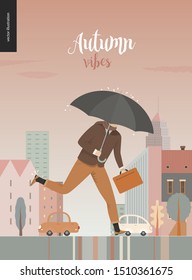 Rain - running businessman -modern flat vector concept illustration of an adult man wearing suit, with an umbrella and suitcase, running under the rain in the street, in front of city houses and cars.