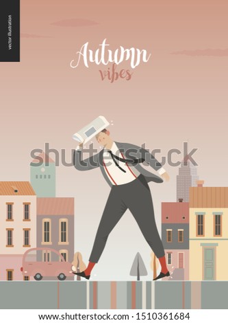 Rain - running businessman -modern flat vector concept illustration of an adult man wearing suit and tie, with a newspaper, running under the rain in the street, in front of city houses and cars.