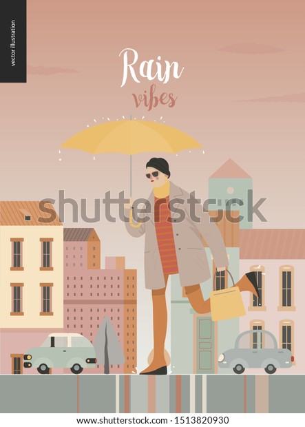 Rain -running person -modern flat vector concept
illustration of an adult woman or man wearing turban and
sunglasses, with umbrella, running in the rain in the street, in
front of city houses and
cars
