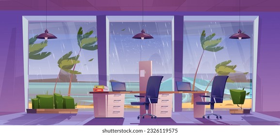Rain and sea storm wave view from office room vector background. Cartoon empty open space inside interior design with desk, laptop and lamp furniture. Tropic rainy weather outside openspace workplace