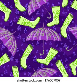 Rain seamless patter. Water drop raining seamless background with gumboots and floral umbrella.