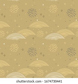 rain seamless pattern abstract scales, rain, sky clouds stars, simple Nature doodle lines scandinavian style. Nursery decor trend of the season white sienna mustard tan old gold background. Vector