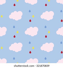 Rain seamless pattern with drops and clouds