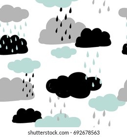Rain seamless pattern. Simple children doodle texture with dark clouds and raindrops. Autumn weather, fall sky. Vector graphic design for paper, textile print. Cute background for kids, girls