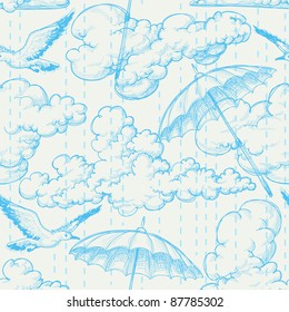 Rain seamless pattern, sky, clouds, birds and umbrellas pencil drawing