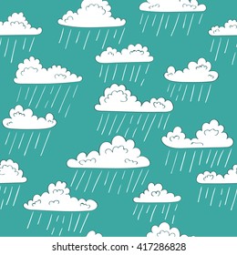 Rain seamless pattern. Vector background with doodle clouds. Rainy illustration. 