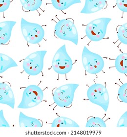 Rain seamless vector pattern. Falling cute character water drops. 