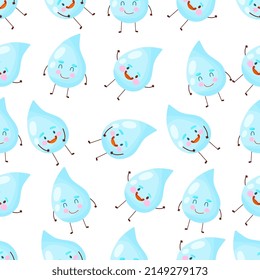 Rain seamless vector pattern. Falling cute character water drops. 