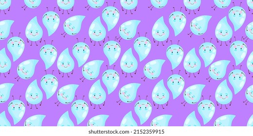 Rain seamless vector pattern. Falling cute character water drops. 