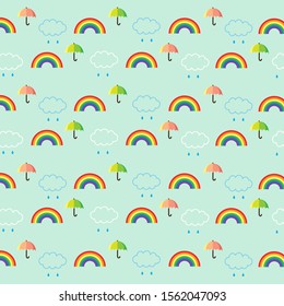 Rain season pattern.Rainbow ,Clouds and water droplets with orange and green umbrella isolated on blue background.Vector.Illustration.