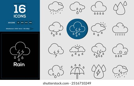 Rain set of outline icons related to analysis, infographic, analytics. Editable stroke. Vector illustration.