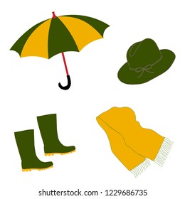 Rain set. Umbrella, hat,scarf, boot. Rain stiskers