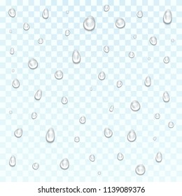 Rain or shower drops isolated on transparent background. Transparent water drop on light gray background. Realistic pure water droplets condensed. Drops of water, dew falls.Vector illustration. 