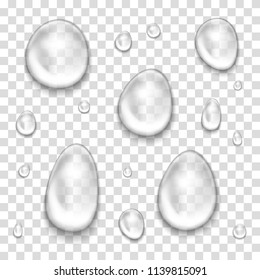 Rain or shower drops isolated on transparent background. Transparent water drop on light gray background. Realistic pure water droplets condensed. Drops of water, dew falls.Vector illustration. 
