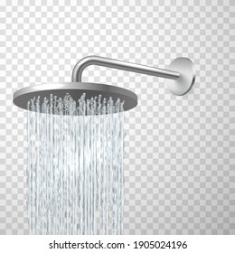 Rain Shower Head Attached To Wall. Running Jets, Streams, Water Flows, Falling Drops In Bathroom. Personal Hygiene, Plumbing Concept. Showerhead. Vector Illustration Isolated On Transparent.