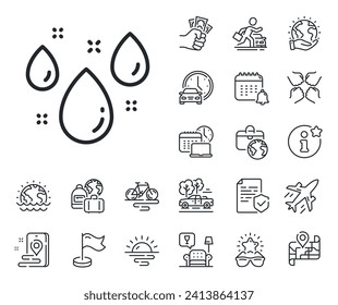 Rain sign. Plane jet, travel map and baggage claim outline icons. Rainy weather forecast line icon. Water drops symbol. Rainy weather line sign. Car rental, taxi transport icon. Place location. Vector