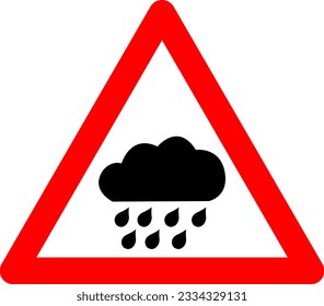 Rain sign. Rain warnings. Red triangle sign with rain cloud icon inside. Risk of heavy rain and accident. Caution, wet and slippery road. Danger of flooding.