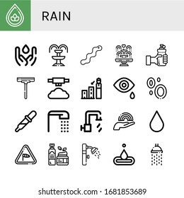 rain simple icons set. Contains such icons as Drop, Water, Fountain, Worm, Wiper, Mist, Forecast, Tear, Blood, Shower, Hot water, Rainbow, can be used for web, mobile and logo