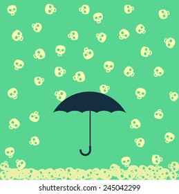 rain of skulls falls to the ground, umbrella protects from him, vector illustration