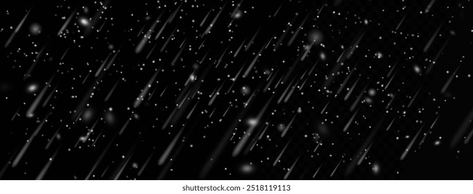 Rain and snow fall on a transparent background. Winter background for Christmas.