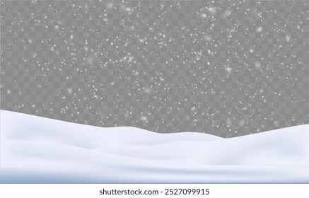 Rain and snow fall on a transparent background. Winter background for Christmas.