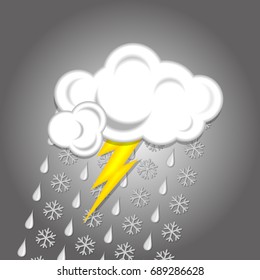 Rain with snow, lightning and cloud. Weather icon. Vector illustration 
