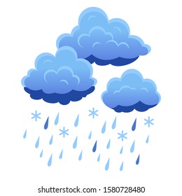 Rain and snow from set of clouds. Season background. Cold weather illustration. Isolated flat vector.