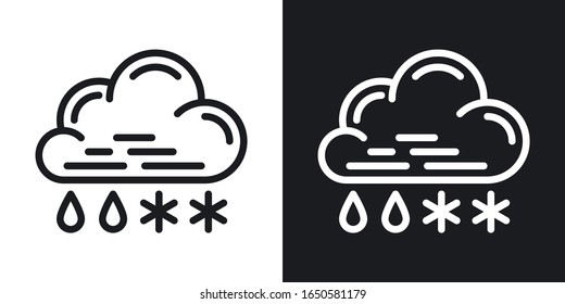 Rain with snow or sleet icon for weather forecast application or widget. Cloud with raindrops and snowflakes. Two-tone version on black and white background