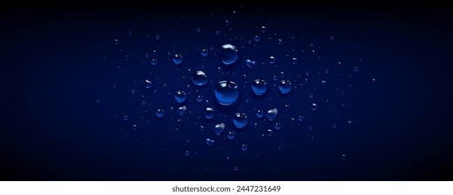 Lluvia salpicar gota de agua sobre fondo de superficie azul. Limpia el patrón de burbujas con textura de rocío líquido. Abstractas Fondo de pantalla húmedo realista 3d con reflexión de luz. Concepto de cubierta de gota de agua de ducha macro