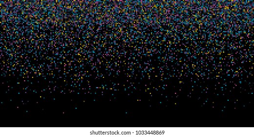 Rain from squared random placed pixels. Neural training conception. Falling information parts. Digital gradient from pixels mosaic. Abstract technologycal colorful background. Vector illustration