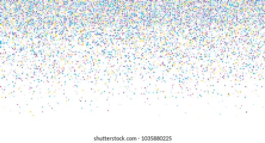 Rain from squared random placed pixels. Neural training conception. Falling information parts. Digital gradient from pixels mosaic. Abstract technologycal colorful background. Vector illustration