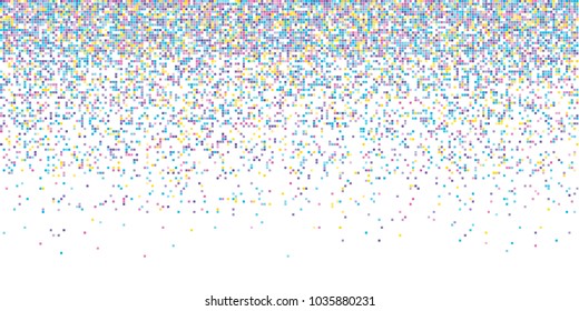 Rain from squared random placed pixels. Neural training conception. Falling information parts. Digital gradient from pixels mosaic. Abstract technologycal colorful background. Vector illustration