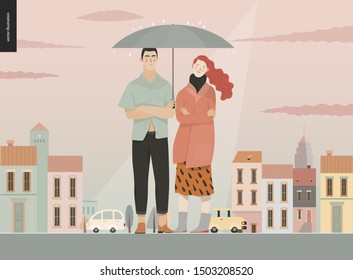 Rain - standing couple -modern flat vector concept illustration of a young ginger woman and brunette man with umbrella, standing in the rain in the street, in front of city houses and cars