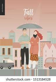 Rain - standing couple -modern flat vector concept illustration of a young ginger woman and brunette man with umbrella, standing in the rain in the street, in front of city houses and cars