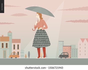 Rain - standing girl -modern flat vector concept illustration of a young ginger woman wearing skirt, with umbrella, standing in the rain in the street, in front of city houses and cars.