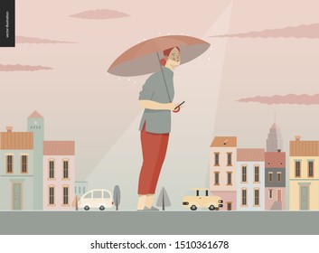 Rain - standing girl -modern flat vector concept illustration of a young ginger woman wearing oriental clothes, with umbrella, standing in the rain in the street, in front of city houses and cars.