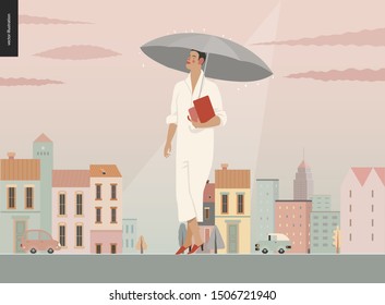 Rain - standing woman - modern flat vector concept illustration of an adult brunette woman wearing white, with umbrella and purse, standing in the rain in the street, in front of city houses and cars.