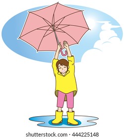 Rain stopped. Elementary school girl are in high spirits and swing up the umbrella. 